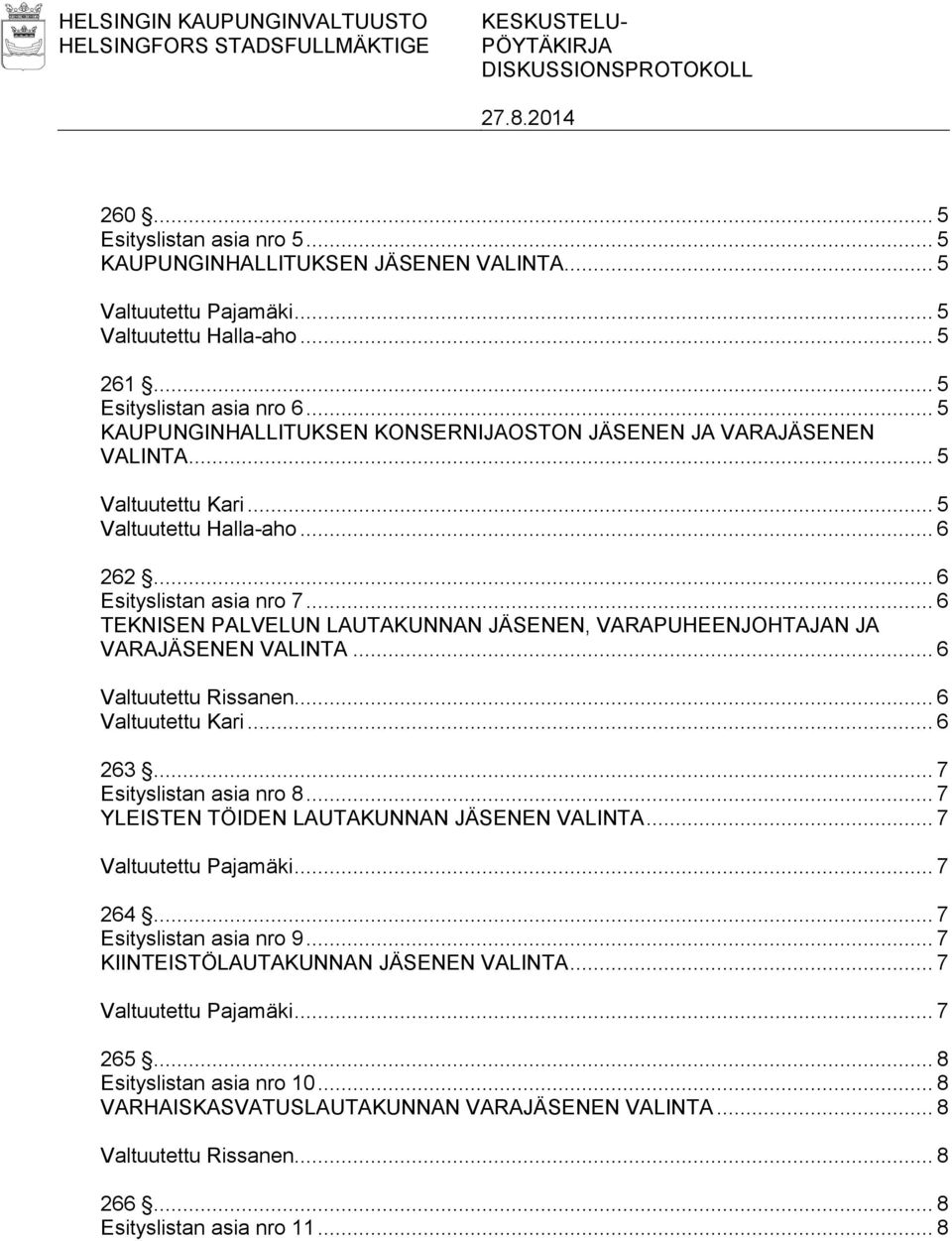 .. 6 Esityslistan asia nro 7... 6 TEKNISEN PALVELUN LAUTAKUNNAN JÄSENEN, VARAPUHEENJOHTAJAN JA VARAJÄSENEN VALINTA... 6 Valtuutettu Rissanen... 6 Valtuutettu Kari... 6 263... 7 Esityslistan asia nro 8.