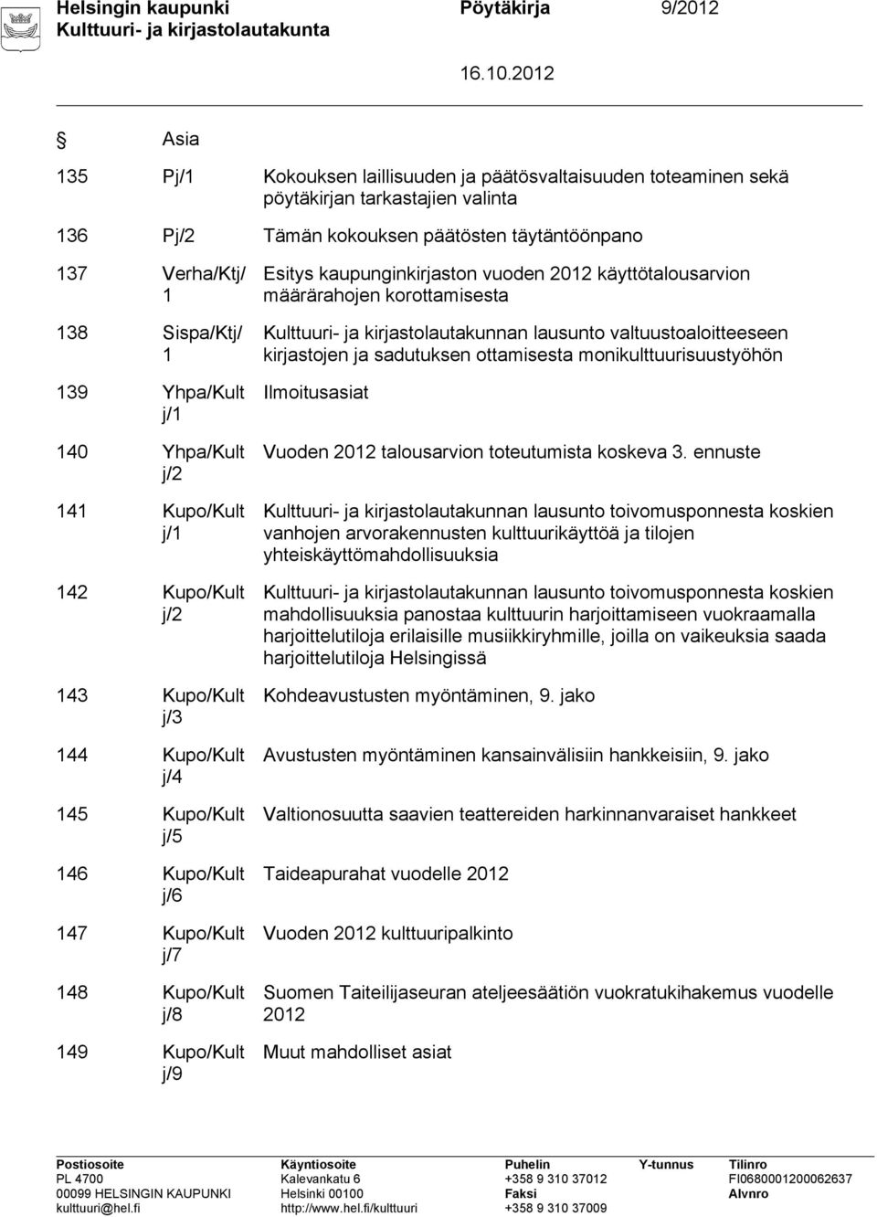 Kupo/Kult j/8 149 Kupo/Kult j/9 Esitys kaupunginkirjaston vuoden 2012 käyttötalousarvion määrärahojen korottamisesta Kulttuuri- ja kirjastolautakunnan lausunto valtuustoaloitteeseen kirjastojen ja