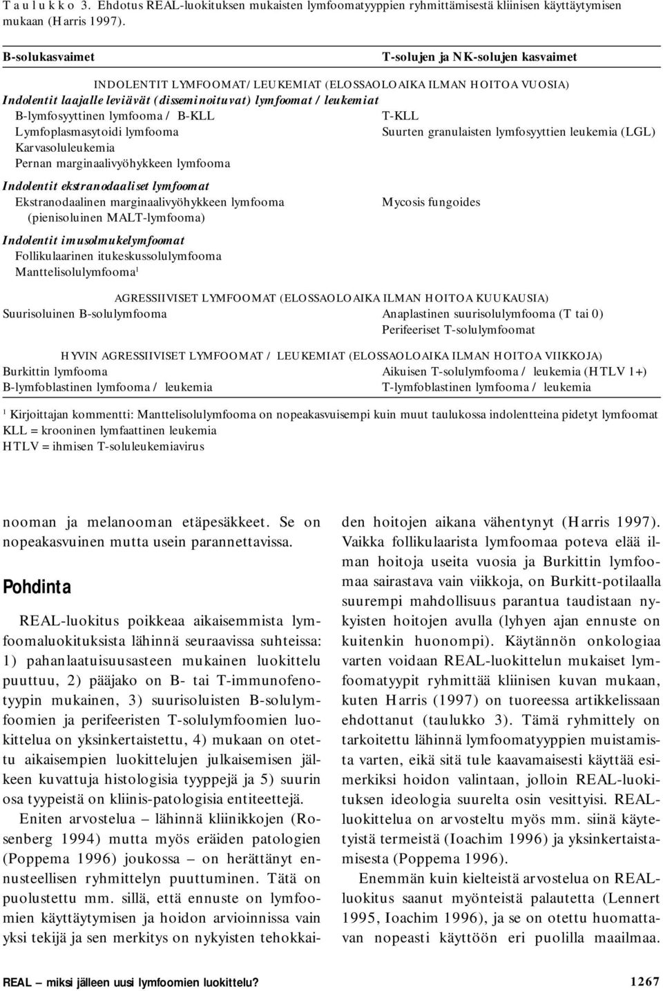 B-lymfosyyttinen lymfooma / B-KLL T-KLL Lymfoplasmasytoidi lymfooma Suurten granulaisten lymfosyyttien leukemia (LGL) Karvasoluleukemia Pernan marginaalivyöhykkeen lymfooma Indolentit