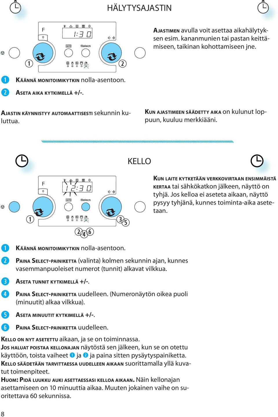 KELLO PAINA SELECT-PAINIKETTA (valinta) kolmen sekunnin ajan, kunnes vasemmanpuoleiset numerot (tunnit) alkavat vilkkua. e ASETA TUNNIT KYTKIMELLÄ +/-. r ry PAINA SELECT-PAINIKETTA uudelleen.