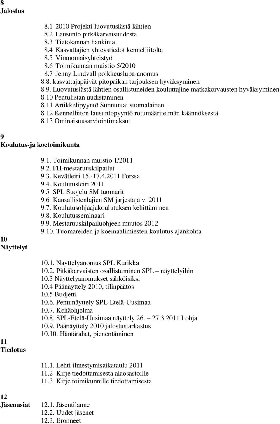 Luovutusiästä lähtien osallistuneiden kouluttajine matkakorvausten hyväksyminen 8.10 Pentulistan uudistaminen 8.11 Artikkelipyyntö Sunnuntai suomalainen 8.