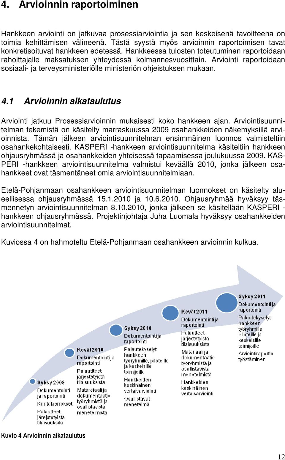 Arviointi raportoidaan sosiaali- ja terveysministeriölle ministeriön ohjeistuksen mukaan. 4.1 Arvioinnin aikataulutus Arviointi jatkuu Prosessiarvioinnin mukaisesti koko hankkeen ajan.