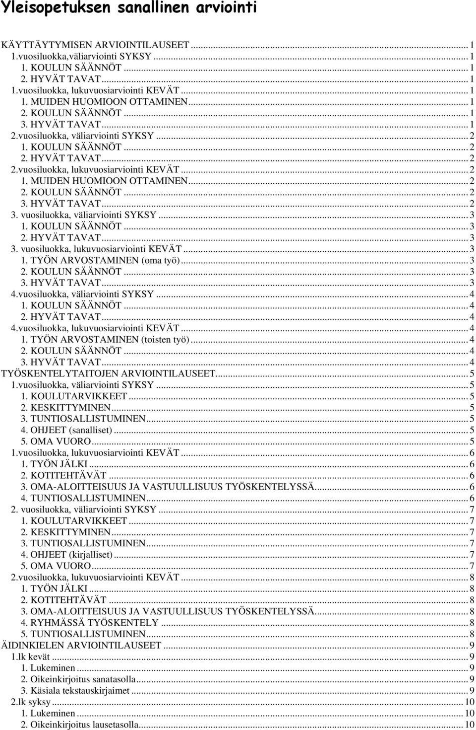 vuosiluokka, lukuvuosiarviointi KEVÄT... 2 1. MUIDEN HUOMIOON OTTAMINEN... 2 2. KOULUN SÄÄNNÖT... 2 3. HYVÄT TAVAT... T 2 3. vuosiluokka, väliarviointi SYKSY... 3 1. KOULUN SÄÄNNÖT... 3 2.