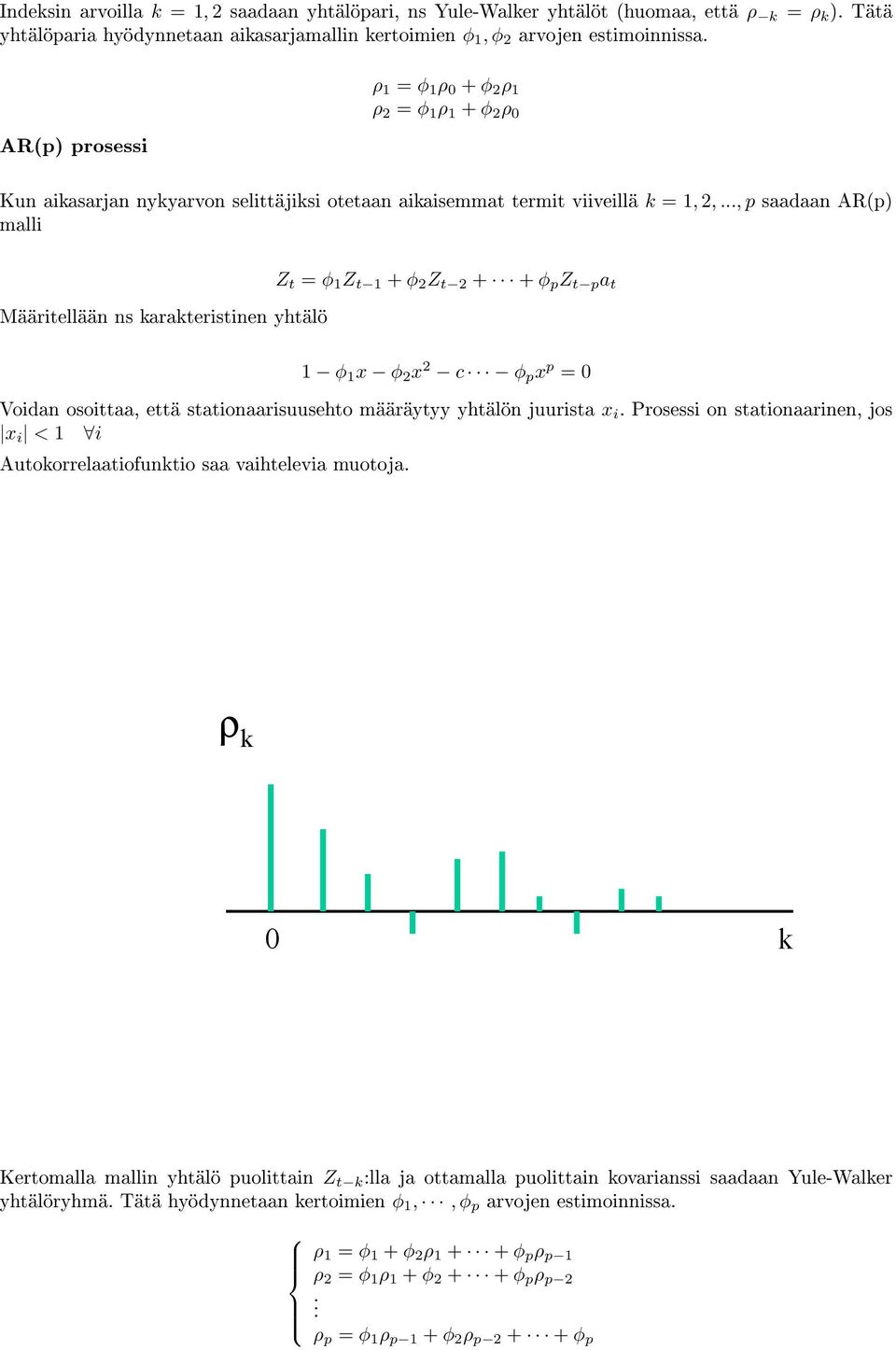 .., p saadaan AR(p) malli Määritellään ns karakteristinen yhtälö Z t = φ 1 Z t 1 + φ 2 Z t 2 + + φ p Z t p a t 1 φ 1 x φ 2 x 2 c φ p x p = 0 Voidan osoittaa, että stationaarisuusehto määräytyy