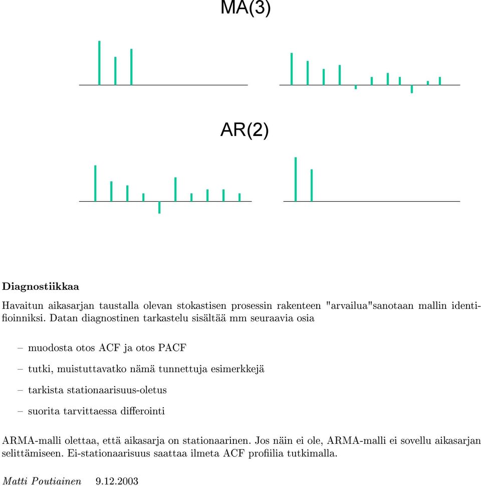 Datan diagnostinen tarkastelu sisältää mm seuraavia osia muodosta otos ACF ja otos PACF tutki, muistuttavatko nämä tunnettuja