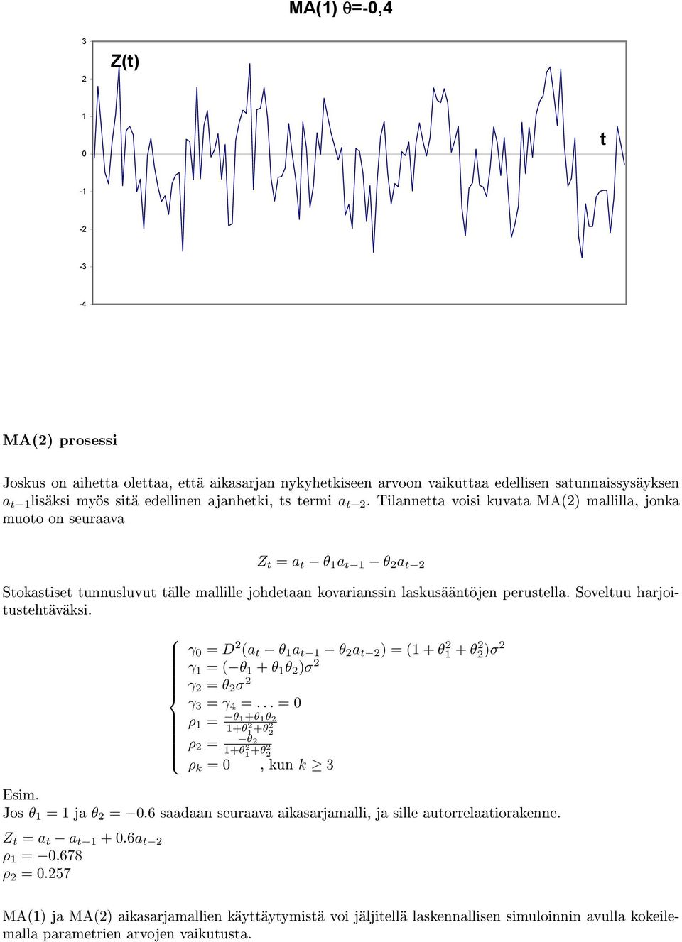 Tilannetta voisi kuvata MA(2) mallilla, jonka muoto on seuraava Z t = a t θ 1 a t 1 θ 2 a t 2 Stokastiset tunnusluvut tälle mallille johdetaan kovarianssin laskusääntöjen perustella.