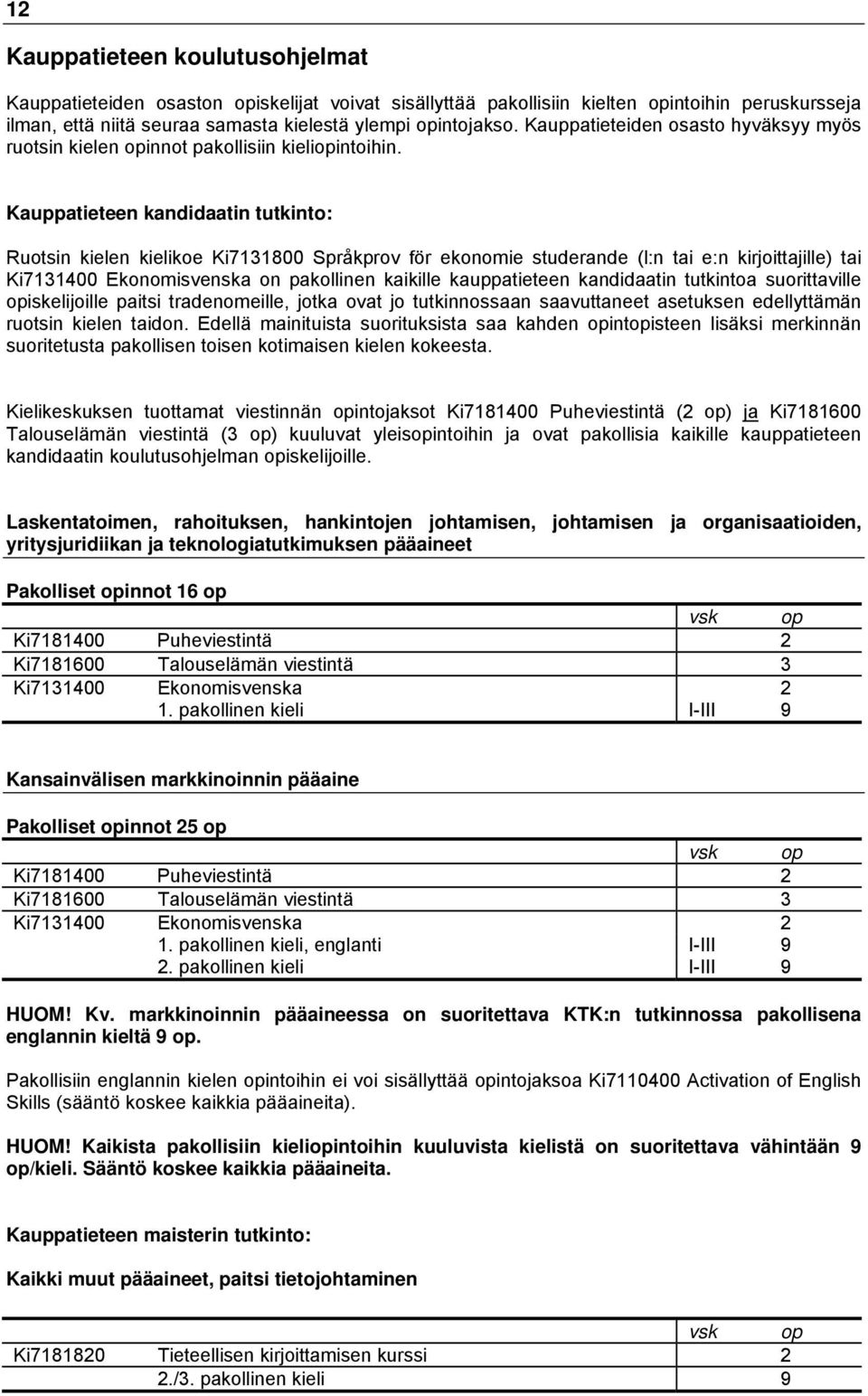 Kauppatieteen kandidaatin tutkinto: Ruotsin kielen kielikoe Ki7131800 Språkprov för ekonomie studerande (l:n tai e:n kirjoittajille) tai Ki7131400 Ekonomisvenska on pakollinen kaikille kauppatieteen