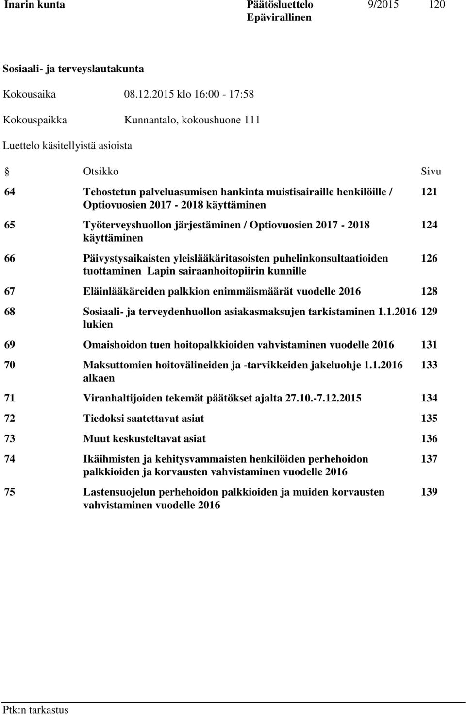 2015 klo 16:00-17:58 Kokouspaikka Kunnantalo, kokoushuone 111 Luettelo käsitellyistä asioista Otsikko Sivu 64 Tehostetun palveluasumisen hankinta muistisairaille henkilöille / Optiovuosien 2017-2018