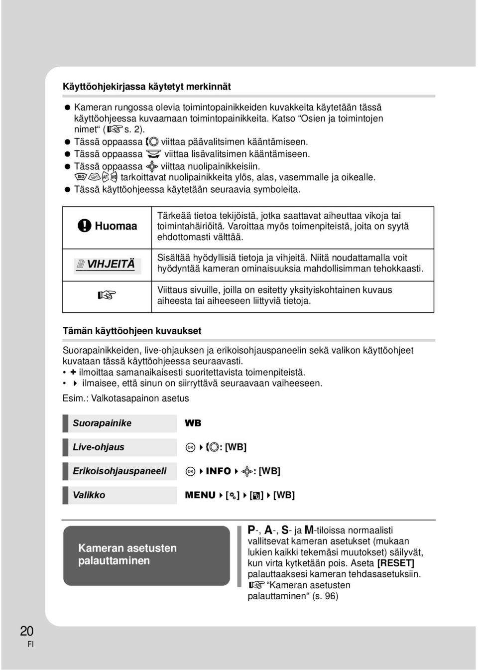 fghi tarkoittavat nuolipainikkeita ylös, alas, vasemmalle ja oikealle. Tässä käyttöohjeessa käytetään seuraavia symboleita.