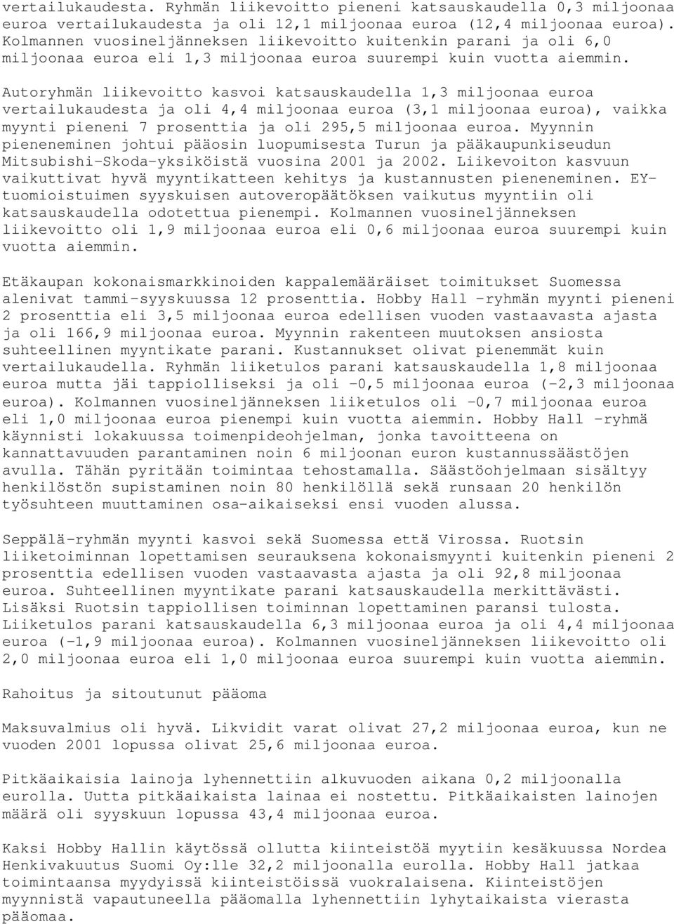 Autoryhmän liikevoitto kasvoi katsauskaudella 1,3 miljoonaa euroa vertailukaudesta ja oli 4,4 miljoonaa euroa (3,1 miljoonaa euroa), vaikka myynti pieneni 7 prosenttia ja oli 295,5 miljoonaa euroa.