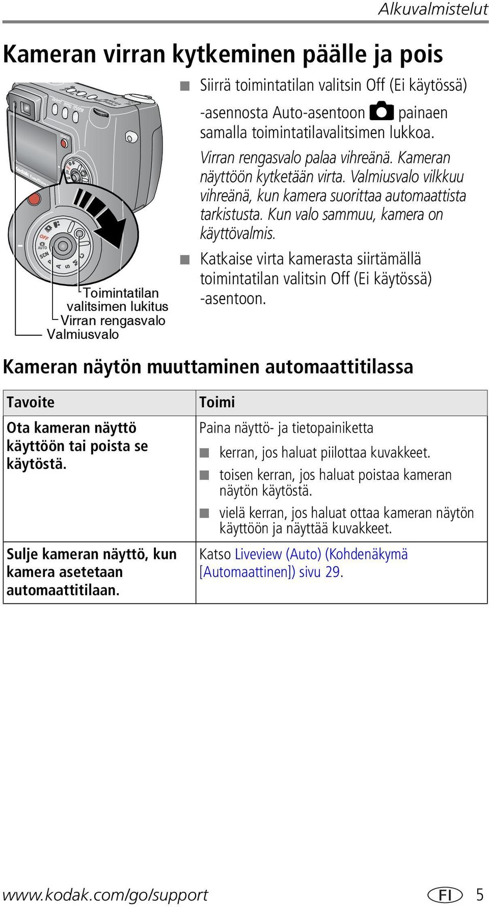 Kun valo sammuu, kamera on käyttövalmis. Katkaise virta kamerasta siirtämällä toimintatilan valitsin Off (Ei käytössä) -asentoon.