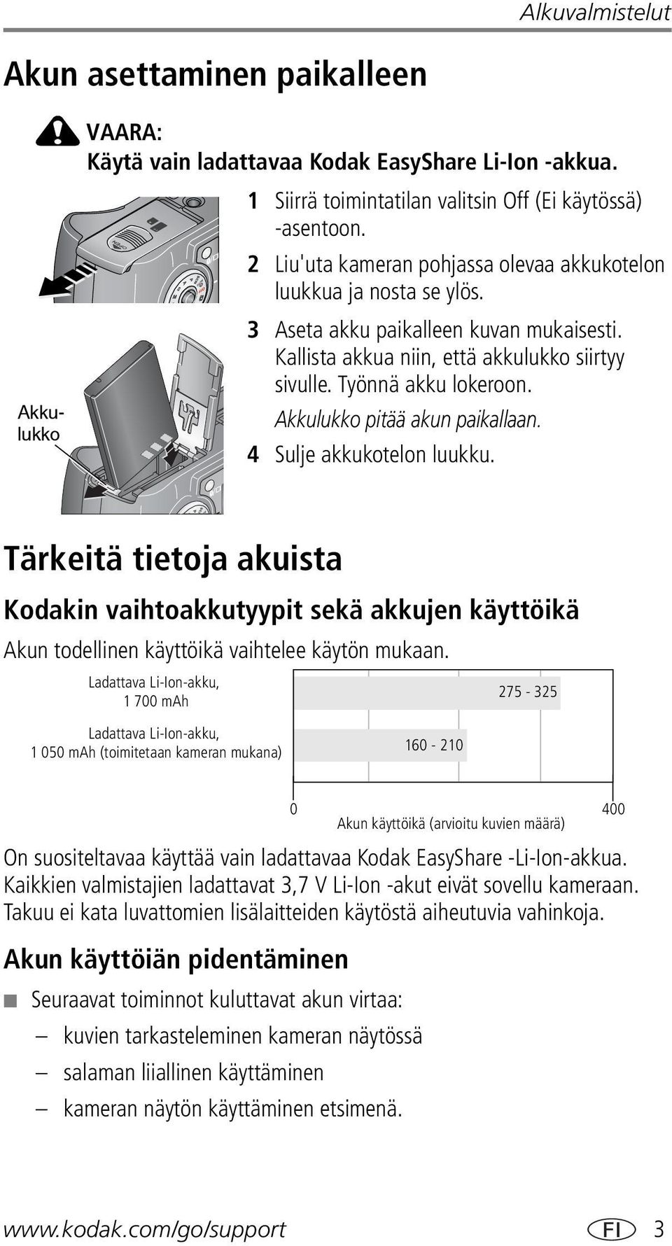 Akkulukko pitää akun paikallaan. 4 Sulje akkukotelon luukku. Tärkeitä tietoja akuista Kodakin vaihtoakkutyypit sekä akkujen käyttöikä Akun todellinen käyttöikä vaihtelee käytön mukaan.