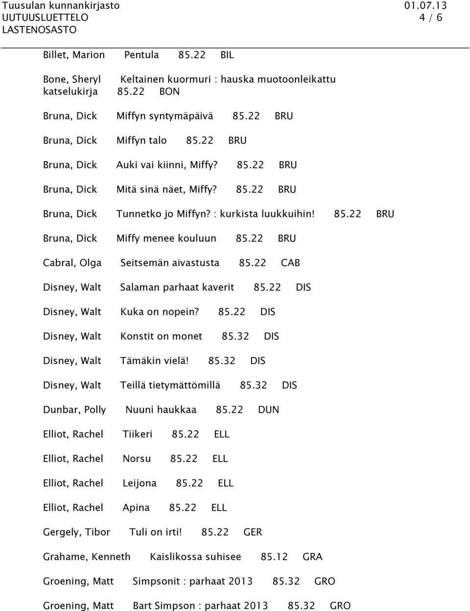 22 BRU Cabral, Olga Seitsemän aivastusta 85.22 CAB Disney, Walt Salaman parhaat kaverit 85.22 DIS Disney, Walt Kuka on nopein? 85.22 DIS Disney, Walt Konstit on monet 85.