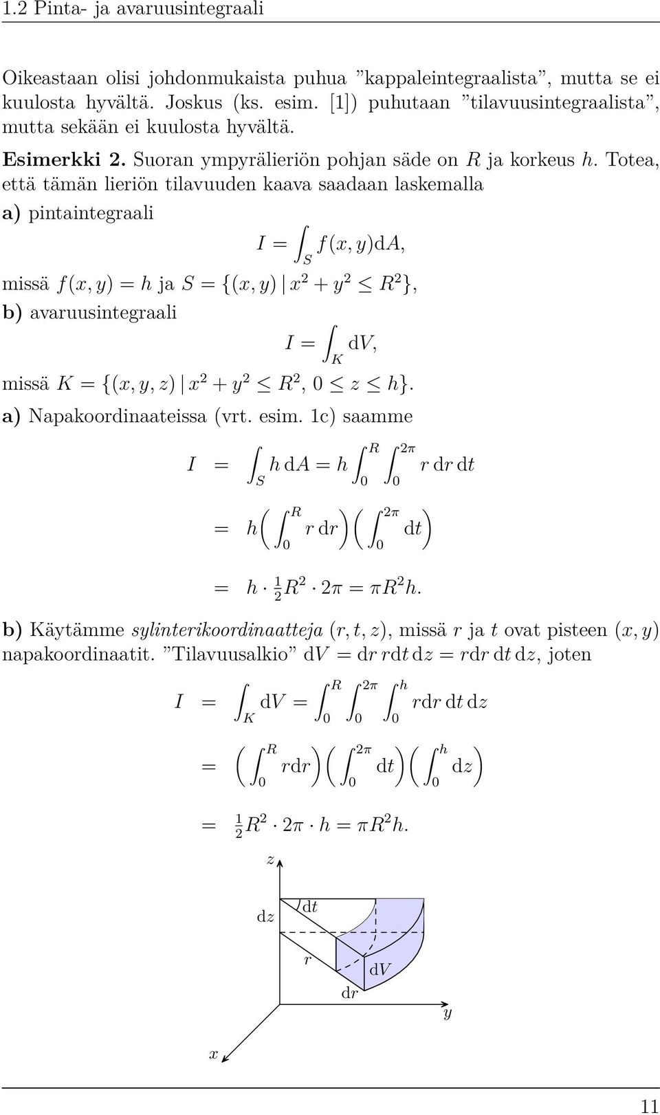 Totea, että tämän lieriön tilavuuden kaava saadaan laskemalla a) pintaintegraali I = f(x, y)da, missä f(x, y) = h ja S = {(x, y) x 2 + y 2 R 2 }, b) avaruusintegraali I = dv, missä K = {(x, y, z) x 2