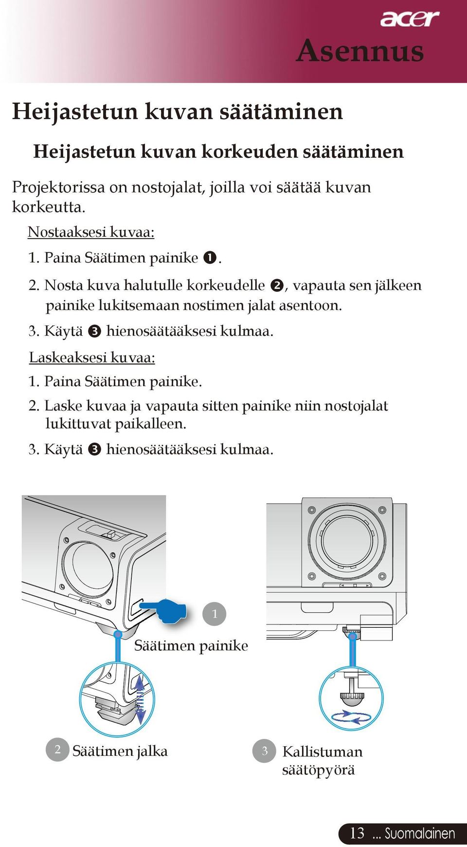 Nosta kuva halutulle korkeudelle, vapauta sen jälkeen painike lukitsemaan nostimen jalat asentoon. 3. Käytä hienosäätääksesi kulmaa.