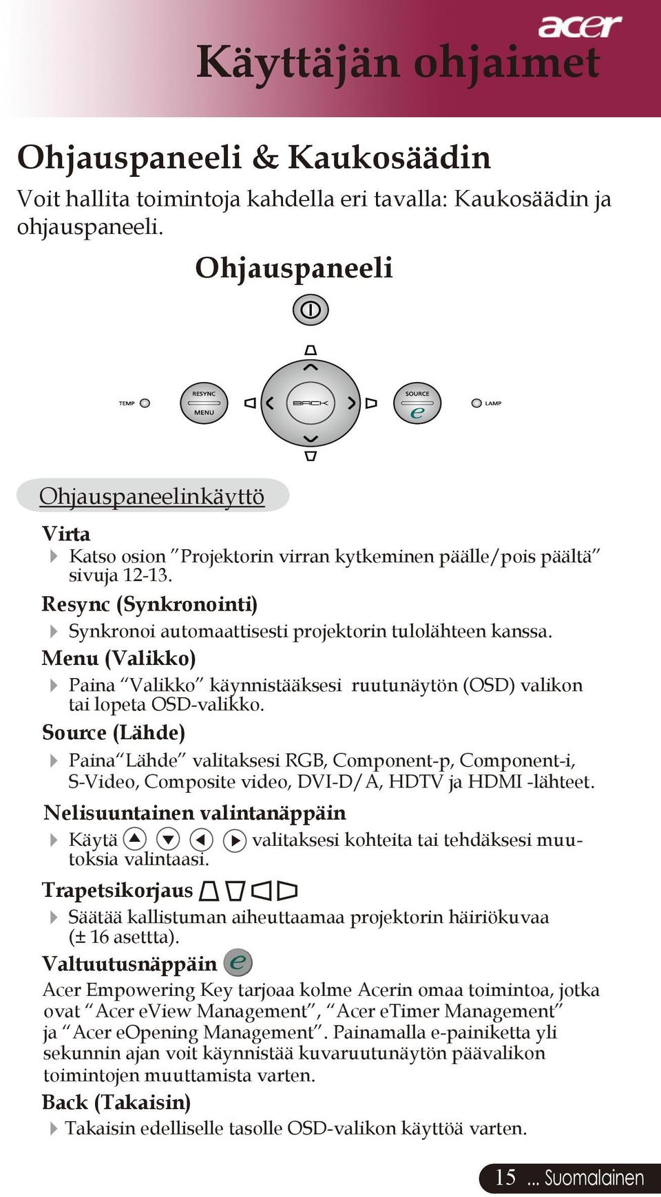 Menu (Valikko) Paina Valikko käynnistääksesi ruutunäytön (OSD) valikon tai lopeta OSD-valikko.