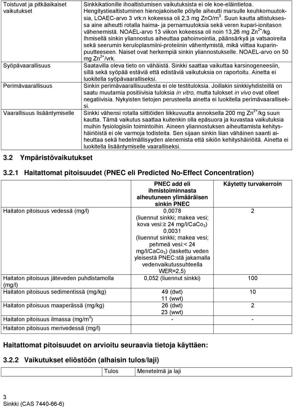 Suun kautta altistuksessa aine aiheutti rotalla haima- ja pernamuutoksia sekä veren kupari-ionitason vähenemistä. NOAEL-arvo 13 viikon kokeessa oli noin 13,26 mg Zn 2+ /kg.