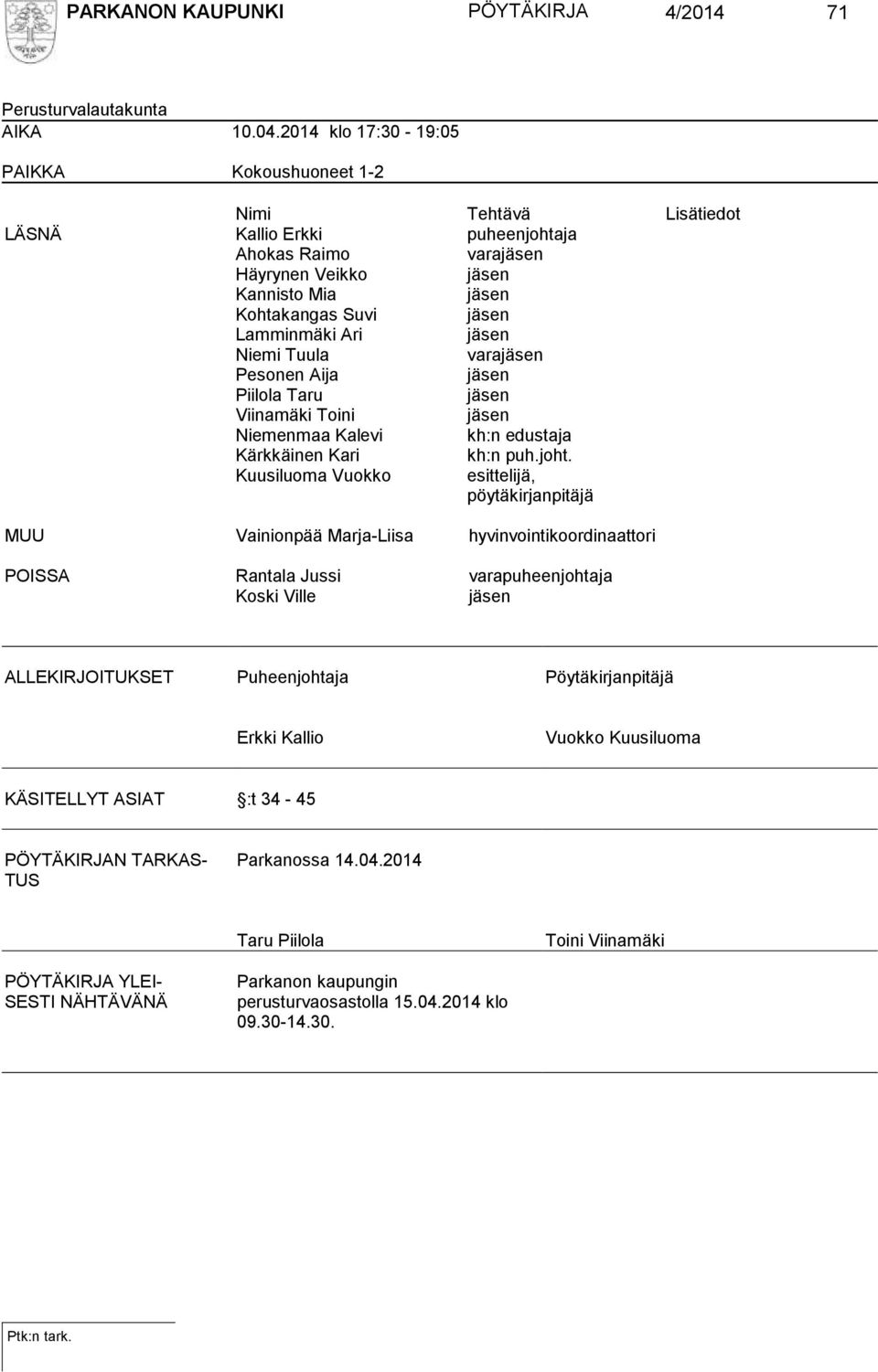 Lamminmäki Ari jäsen Niemi Tuula varajäsen Pesonen Aija jäsen Piilola Taru jäsen Viinamäki Toini jäsen Niemenmaa Kalevi kh:n edustaja Kärkkäinen Kari kh:n puh.joht.