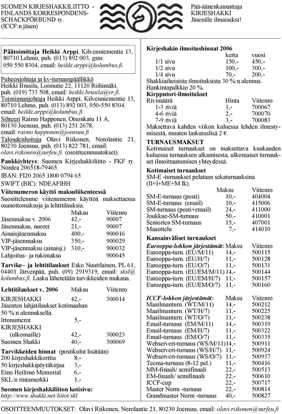 Puheenjohtaja ja kv-turnauspäällikkö Heikki Brusila, Loimutie 22, 11120 Riihimäki, puh. (019) 733 508, email: heikki.brusila@vr.fi. Toiminnanjohtaja Heikki Arppi, Kilvenniementie 13, 80710 Lehmo, puh.