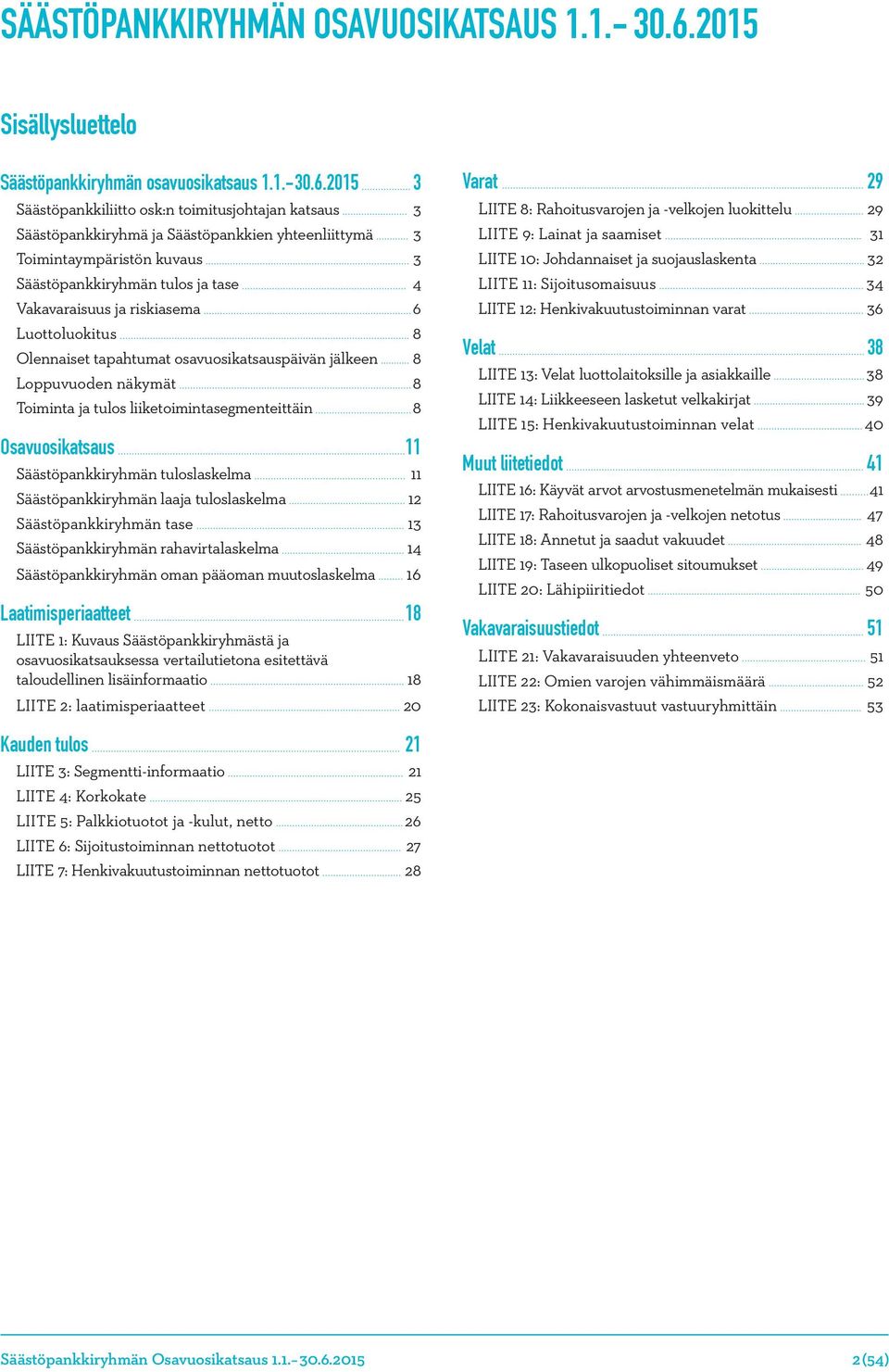 2015 3 Säästöpankkiliitto osk:n toimitusjohtajan katsaus 3 Säästöpankkiryhmä ja Säästöpankkien yhteenliittymä 3 Toimintaympäristön kuvaus 3 Säästöpankkiryhmän tulos ja tase 4 Vakavaraisuus ja