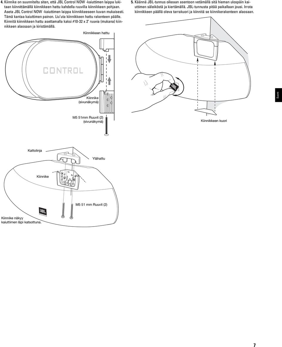 Kiinnitä kiinnikkeen hattu asettamalla kaksi #10-32 x 2" ruuvia (mukana) kiinnikkeen alaosaan ja kiristämällä. Kiinnikkeen hattu 5.