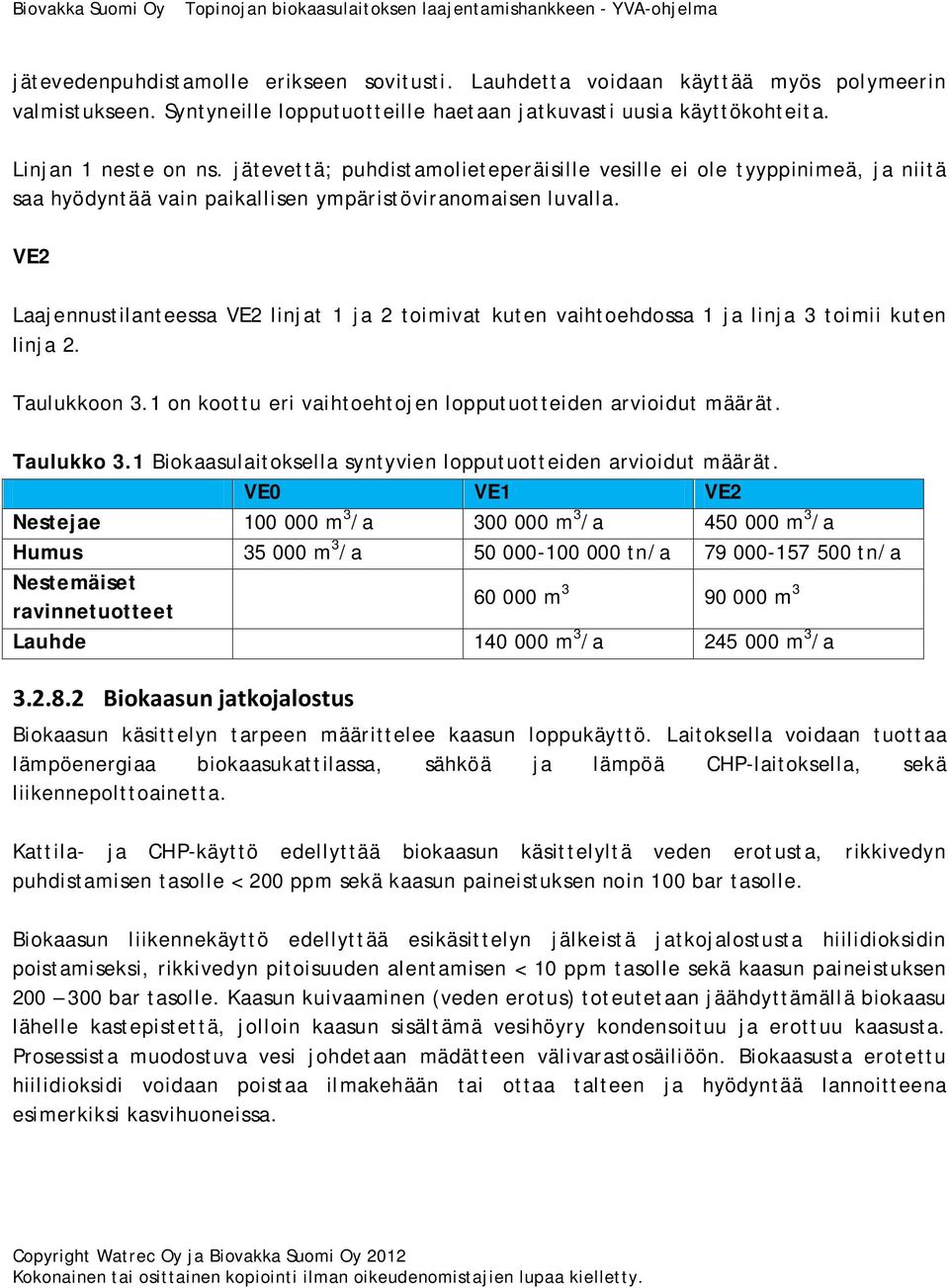 VE2 Laajennustilanteessa VE2 linjat 1 ja 2 toimivat kuten vaihtoehdossa 1 ja linja 3 toimii kuten linja 2. Taulukkoon 3.1 on koottu eri vaihtoehtojen lopputuotteiden arvioidut määrät. Taulukko 3.