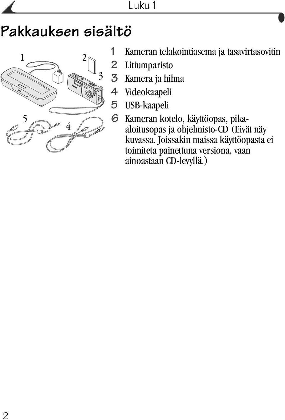 6 Kameran kotelo, käyttöopas, pikaaloitusopas ja ohjelmisto-cd (Eivät näy