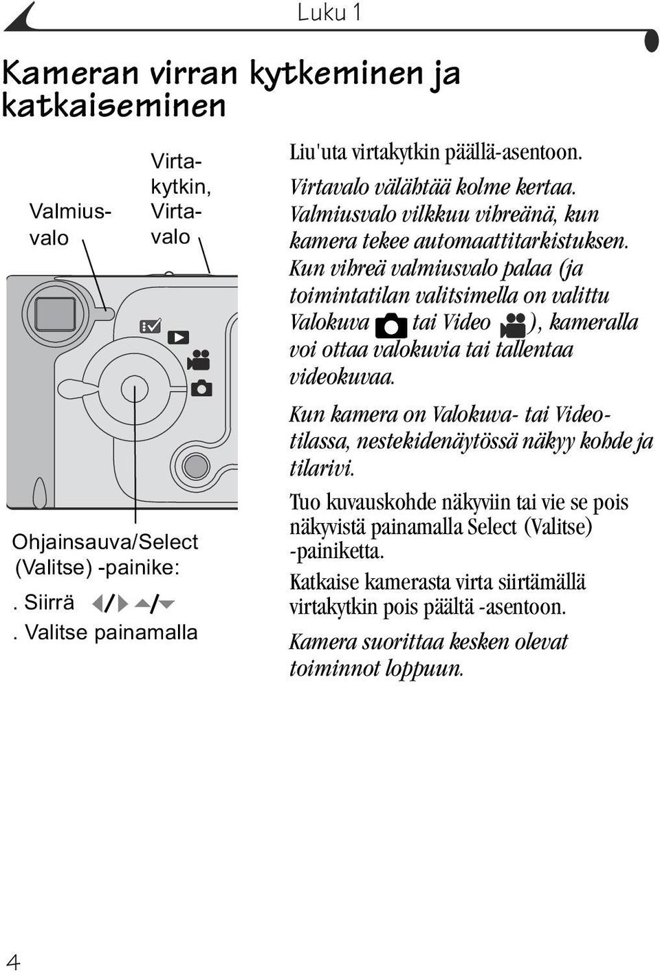 Kun vihreä valmiusvalo palaa (ja toimintatilan valitsimella on valittu Valokuva tai Video ), kameralla voi ottaa valokuvia tai tallentaa videokuvaa.