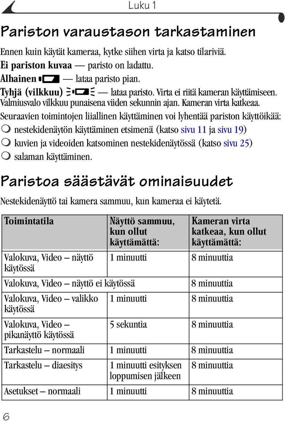 Seuraavien toimintojen liiallinen käyttäminen voi lyhentää pariston käyttöikää: nestekidenäytön käyttäminen etsimenä (katso sivu 11 ja sivu 19) kuvien ja videoiden katsominen nestekidenäytössä (katso