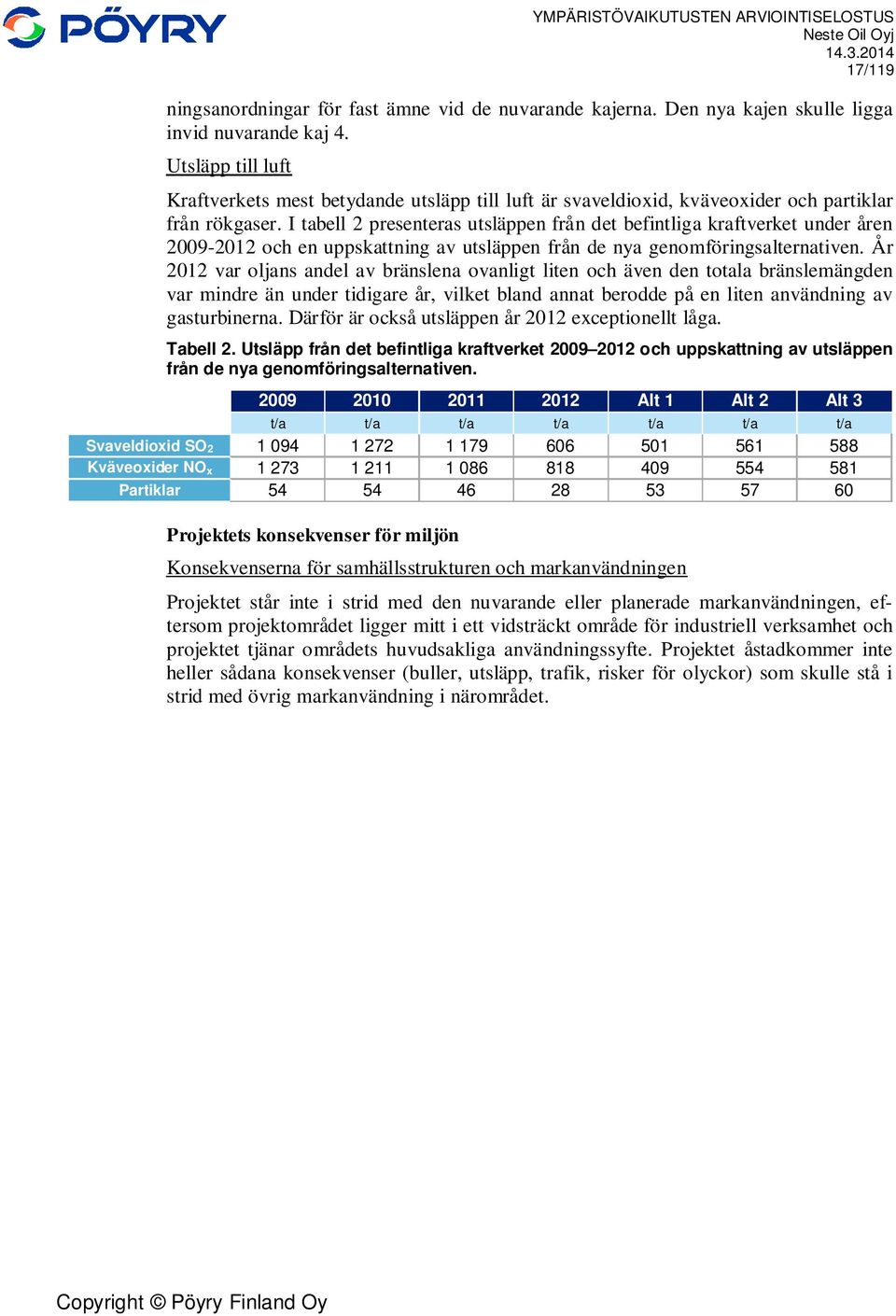 I tabell 2 presenteras utsläppen från det befintliga kraftverket under åren 2009-2012 och en uppskattning av utsläppen från de nya genomföringsalternativen.