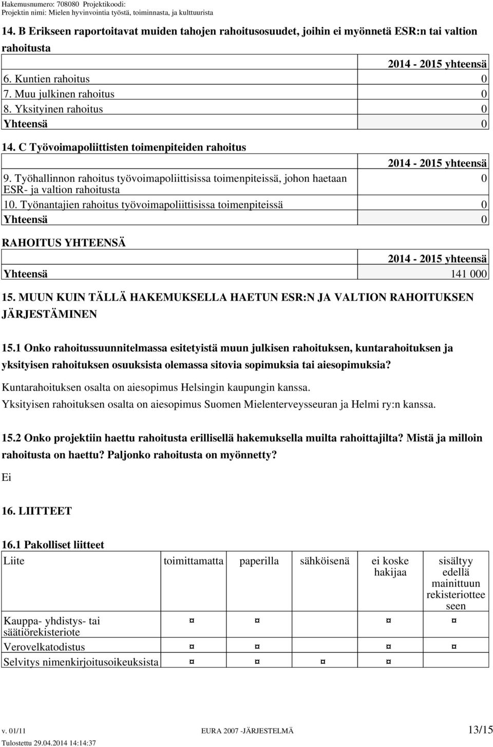 Työhallinnon rahoitus työvoimapoliittisissa toimenpiteissä, johon haetaan 0 ESR- ja valtion rahoitusta 10.