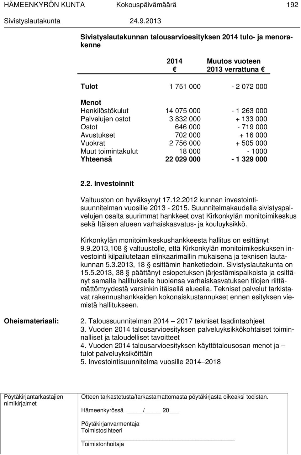 12.2012 kunnan investointisuunnitelman vuosille 2013-2015.