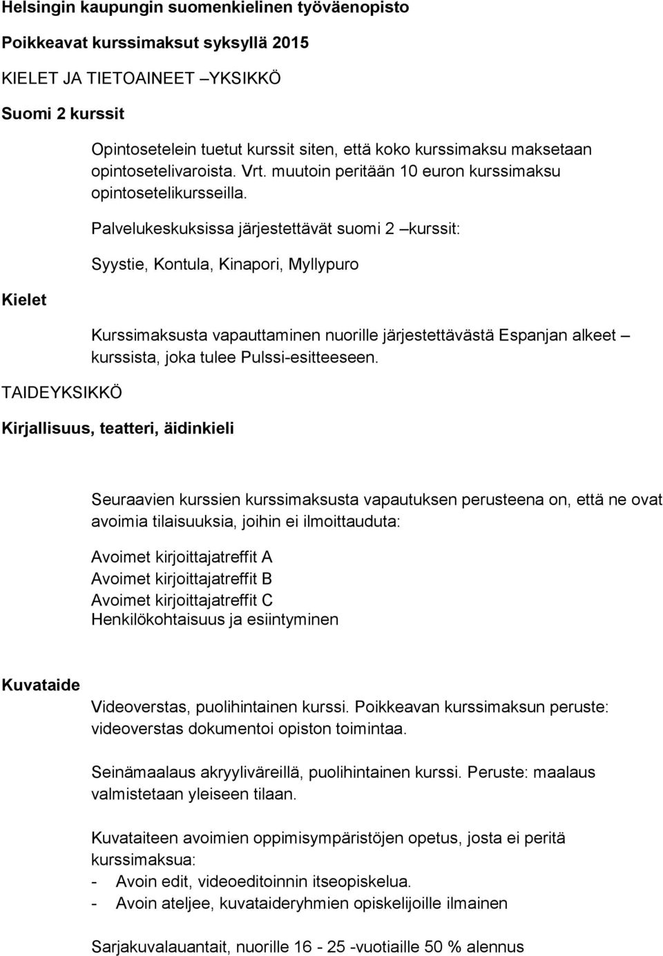 Palvelukeskuksissa järjestettävät suomi 2 kurssit: Syystie, Kontula, Kinapori, Myllypuro Kurssimaksusta vapauttaminen nuorille järjestettävästä Espanjan alkeet kurssista, joka tulee
