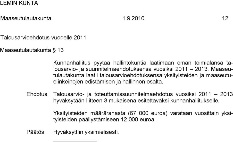 suunnitelmaehdotuksensa vuosiksi 2011 2013.