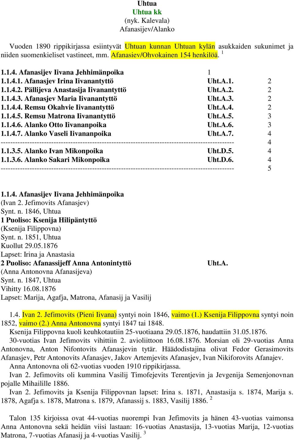 Afanasjev Maria Iivanantyttö Uht.A.3. 2 1.1.4.4. Remsu Okahvie Iivanantyttö Uht.A.4. 2 1.1.4.5. Remsu Matrona Iivanantyttö Uht.A.5. 3 1.1.4.6. Alanko Otto Iivananpoika Uht.A.6. 3 1.1.4.7.