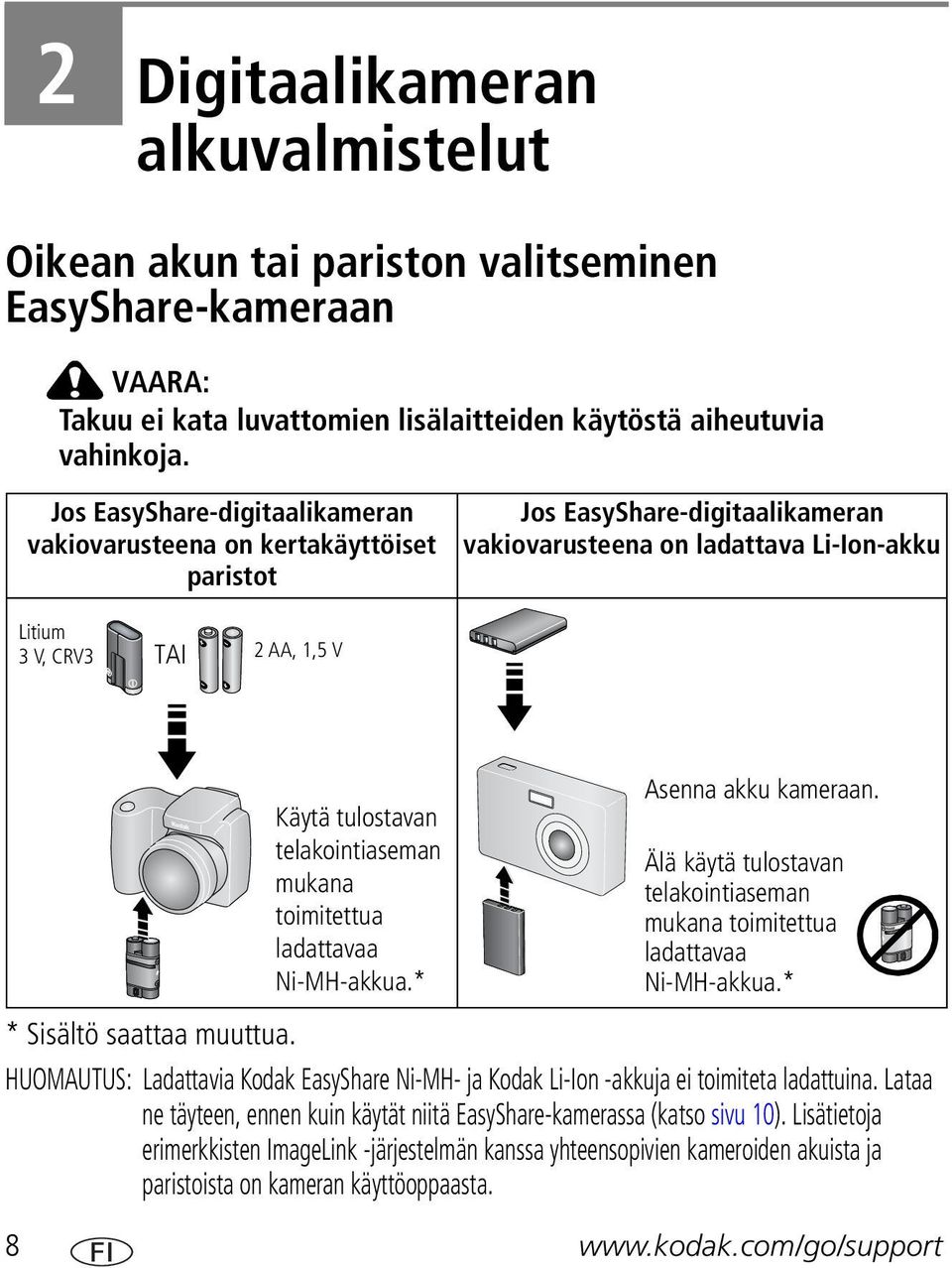 telakointiaseman mukana toimitettua ladattavaa Ni-MH-akkua.* Asenna akku kameraan. Älä käytä tulostavan telakointiaseman mukana toimitettua ladattavaa Ni-MH-akkua.* * Sisältö saattaa muuttua.