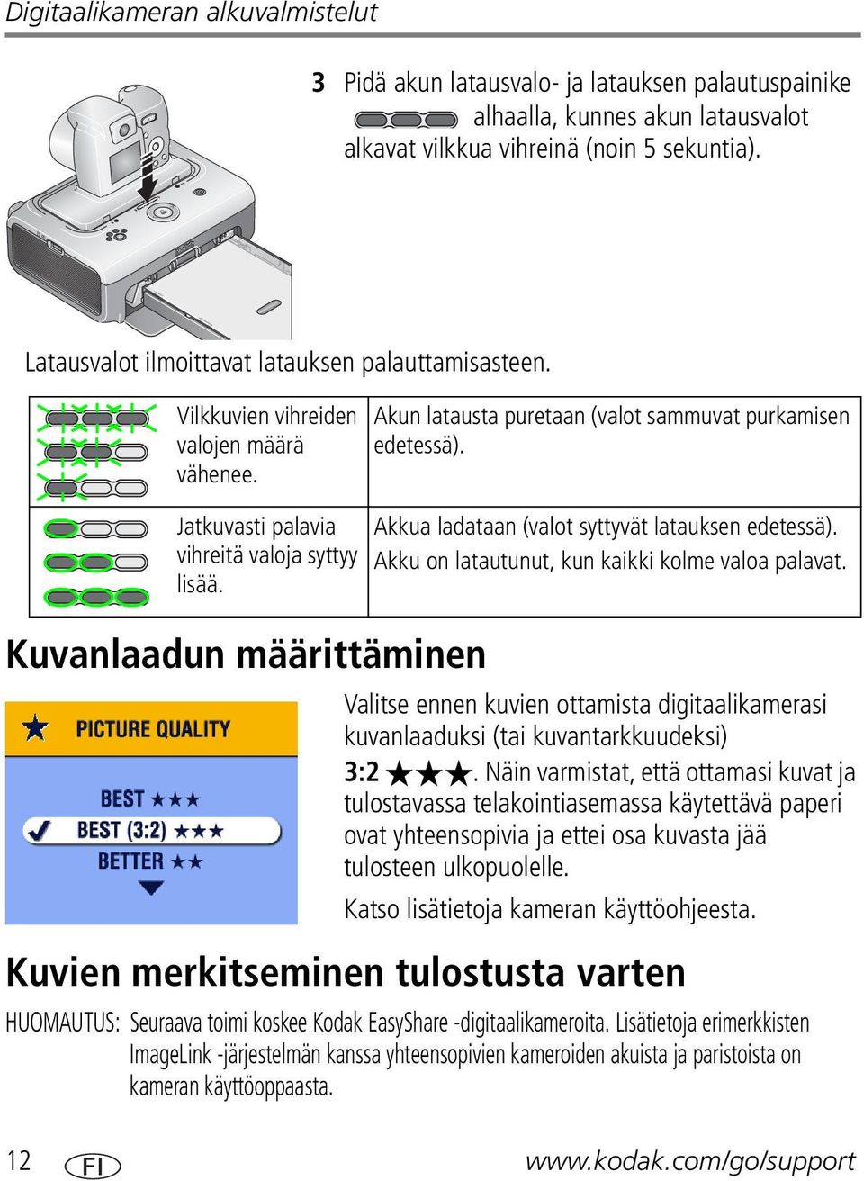 Jatkuvasti palavia vihreitä valoja syttyy lisää. Kuvanlaadun määrittäminen Akkua ladataan (valot syttyvät latauksen edetessä). Akku on latautunut, kun kaikki kolme valoa palavat.