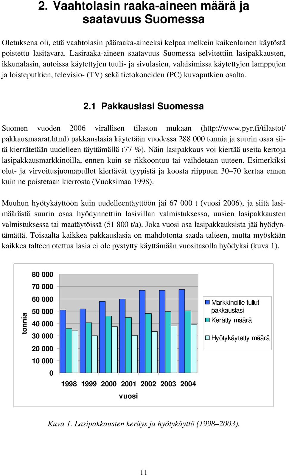 tietokoneiden (PC) kuvaputkien osalta. 2.1 Pakkauslasi Suomessa Suomen vuoden 2006 virallisen tilaston mukaan (http://www.pyr.fi/tilastot/ pakkausmaarat.