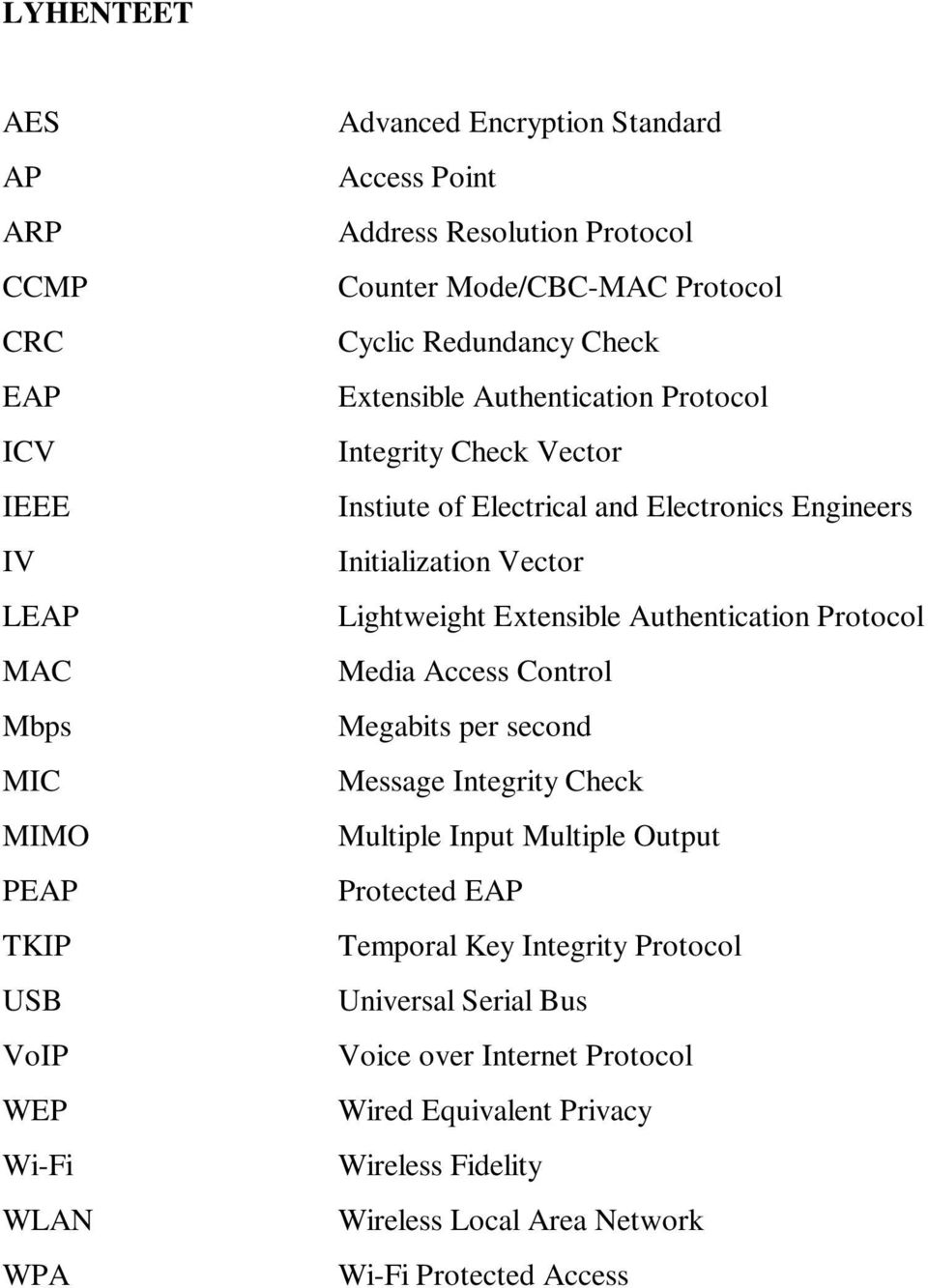 Initialization Vector Lightweight Extensible Authentication Protocol Media Access Control Megabits per second Message Integrity Check Multiple Input Multiple Output