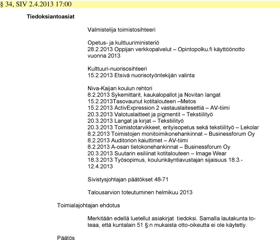 2.2013 ActivExpression 2 vastauslaitesettiä AV-tiimi 20.3.2013 Valotuslaitteet ja pigmentit Tekstiilityö 20.3.2013 Langat ja kirjat Tekstiilityö 20.3.2013 Toimistotarvikkeet, erityisopetus sekä tekstiilityö Lekolar 8.