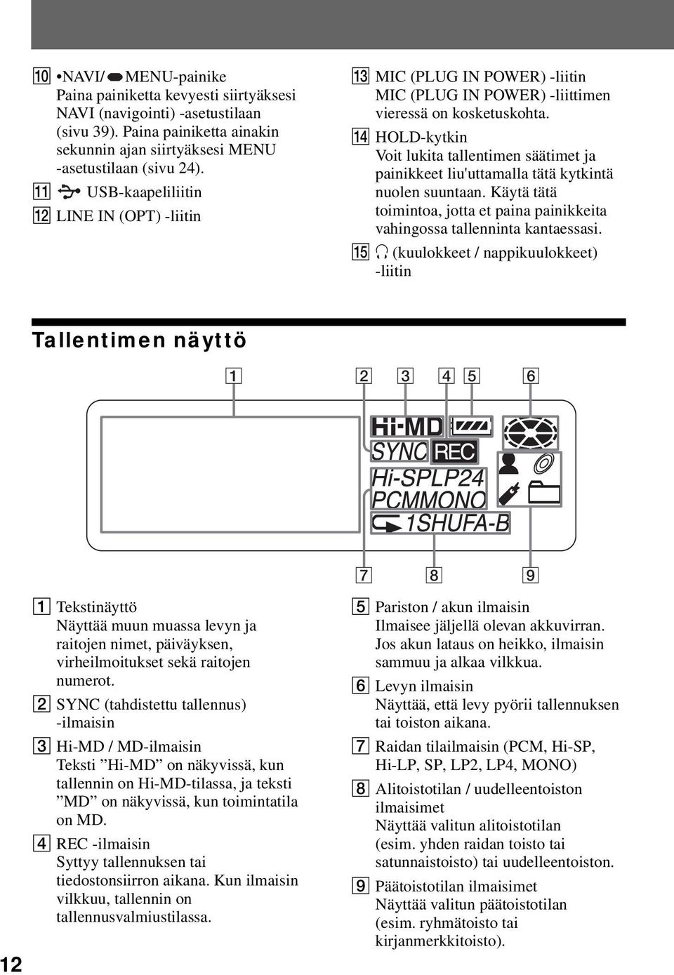 N HOLD-kytkin Voit lukita tallentimen säätimet ja painikkeet liu'uttamalla tätä kytkintä nuolen suuntaan. Käytä tätä toimintoa, jotta et paina painikkeita vahingossa tallenninta kantaessasi.