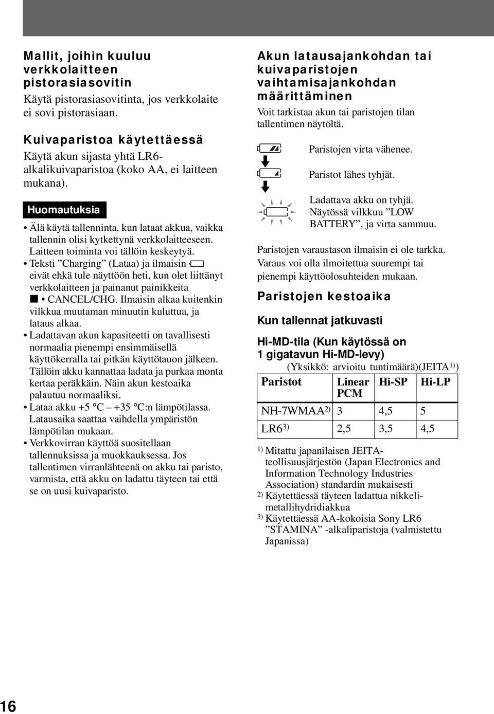 Huomautuksia Älä käytä tallenninta, kun lataat akkua, vaikka tallennin olisi kytkettynä verkkolaitteeseen. Laitteen toiminta voi tällöin keskeytyä.