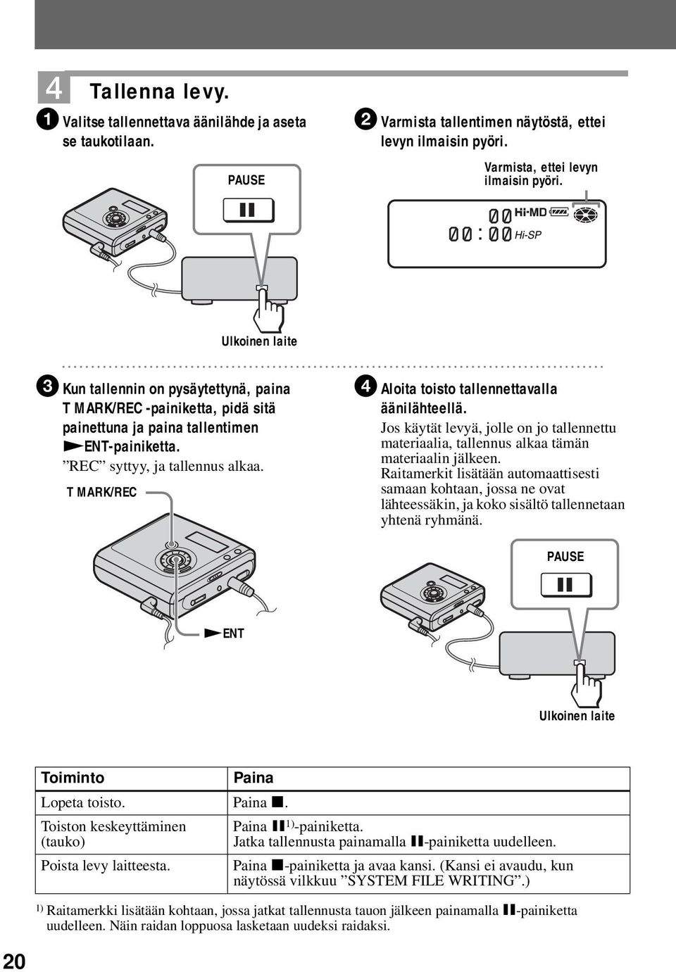 T MARK/REC 4 Aloita toisto tallennettavalla äänilähteellä. Jos käytät levyä, jolle on jo tallennettu materiaalia, tallennus alkaa tämän materiaalin jälkeen.