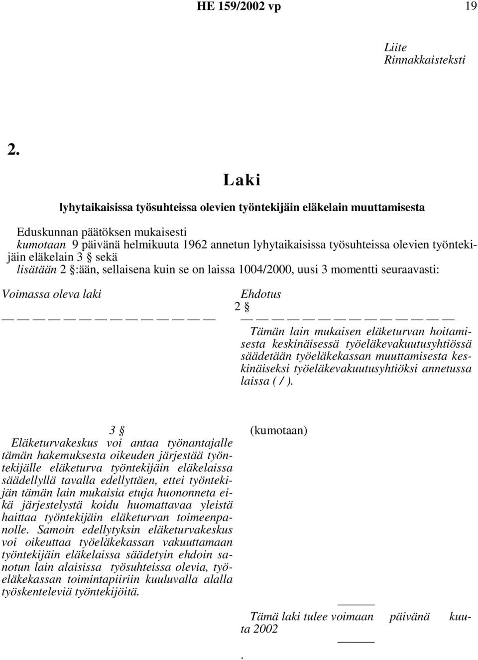 työntekijäin eläkelain 3 sekä lisätään 2 :ään, sellaisena kuin se on laissa 1004/2000, uusi 3 momentti seuraavasti: Voimassa oleva laki Ehdotus 2 Tämän lain mukaisen eläketurvan hoitamisesta