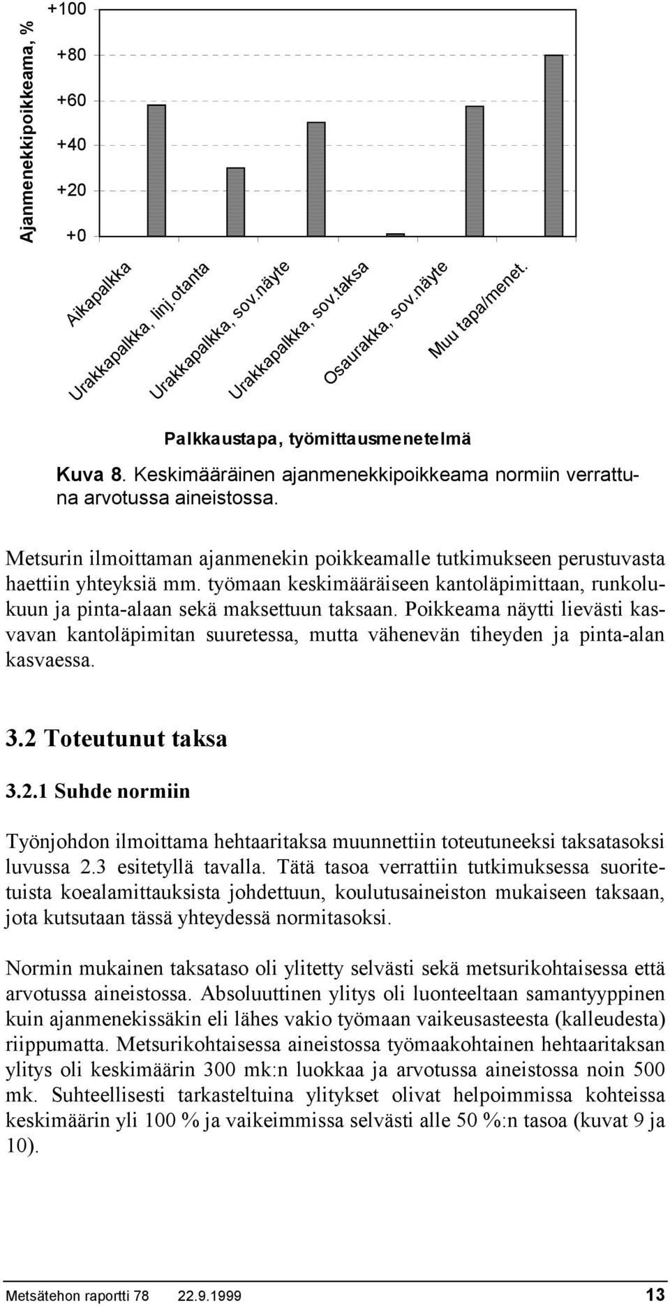 Metsurin ilmoittaman ajanmenekin poikkeamalle tutkimukseen perustuvasta haettiin yhteyksiä mm. työmaan keskimääräiseen kantoläpimittaan, runkolukuun ja pinta-alaan sekä maksettuun taksaan.