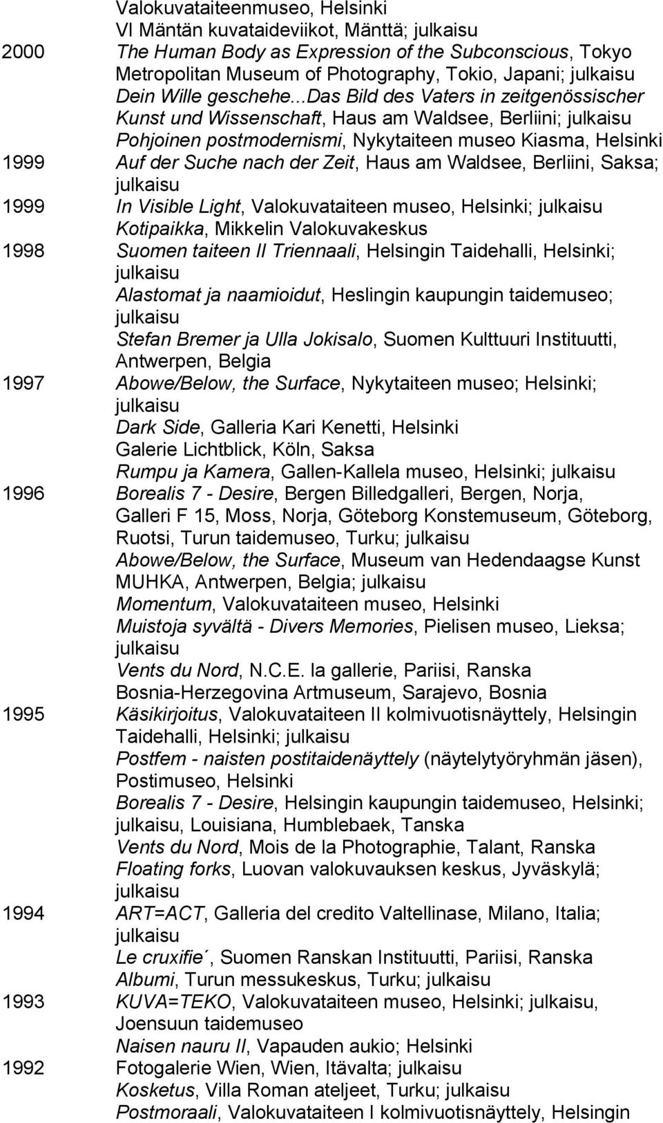 Waldsee, Berliini, Saksa; 1999 In Visible Light, Valokuvataiteen museo, Helsinki; Kotipaikka, Mikkelin Valokuvakeskus 1998 Suomen taiteen II Triennaali, Helsingin Taidehalli, Helsinki; Alastomat ja