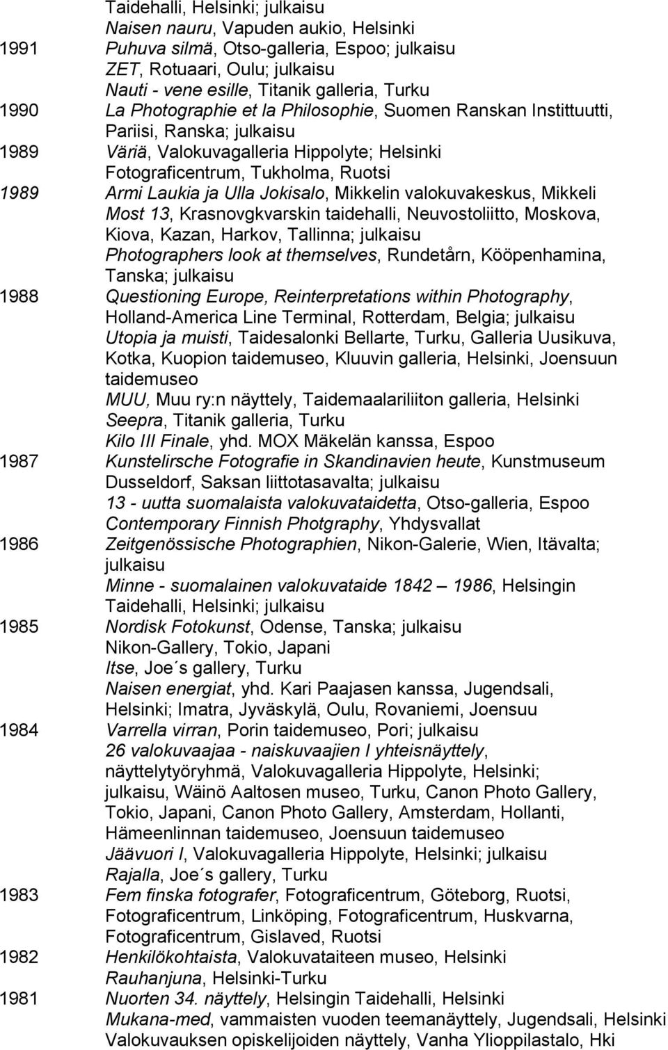 valokuvakeskus, Mikkeli Most 13, Krasnovgkvarskin taidehalli, Neuvostoliitto, Moskova, Kiova, Kazan, Harkov, Tallinna; Photographers look at themselves, Rundetårn, Kööpenhamina, Tanska; 1988