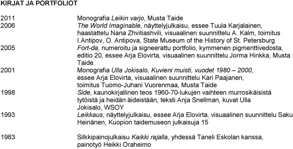 Petersburg 2005 Fort-da, numeroitu ja signeerattu portfolio, kymmenen pigmenttivedosta, editio 20, essee Arja Elovirta, visuaalinen suunnittelu Jorma Hinkka, Musta Taide 2001 Monografia Ulla