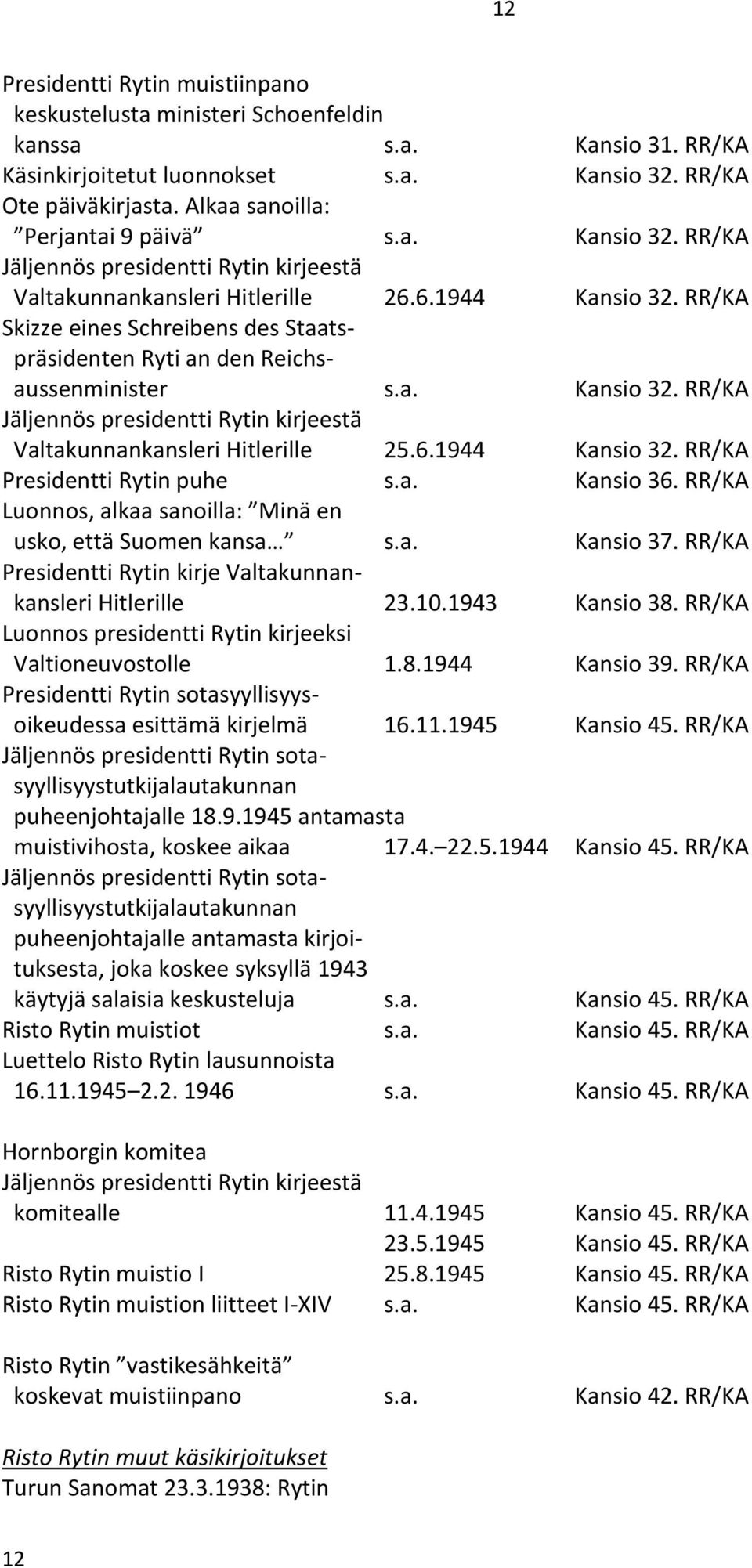 RR/KA Skizze eines Schreibens des Staatspräsidenten Ryti an den Reichsaussenminister s.a. Kansio 32. RR/KA Jäljennös presidentti Rytin kirjeestä Valtakunnankansleri Hitlerille 25.6.1944 Kansio 32.