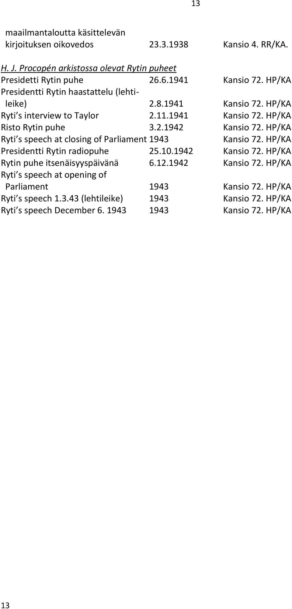 HP/KA Ryti s speech at closing of Parliament 1943 Kansio 72. HP/KA Presidentti Rytin radiopuhe 25.10.1942 Kansio 72.